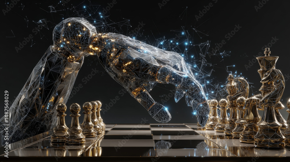 Poster robot arm playing chess. artificial intelligence, ai. low poly, lines, triangles and particle style 