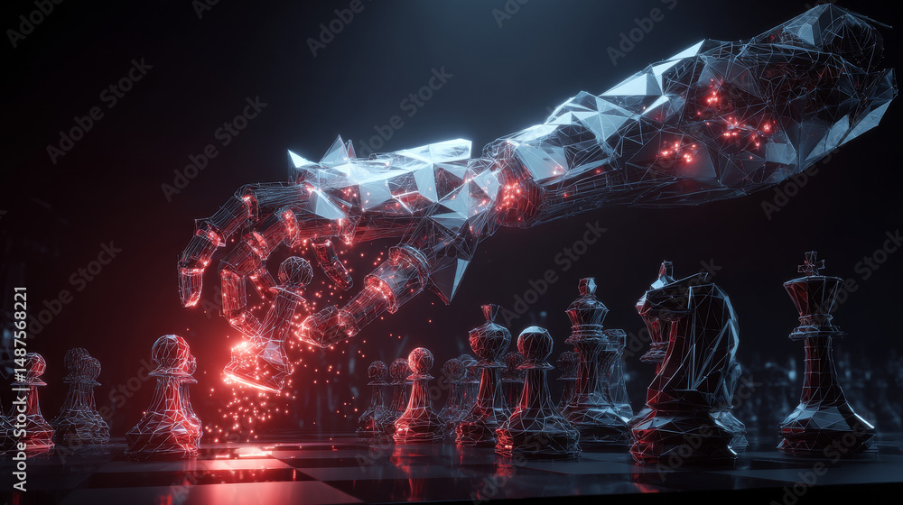 Poster robot arm playing chess. artificial intelligence, ai. low poly, lines, triangles and particle style 