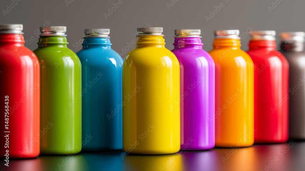Poster vibrant bottles of paint in various colors arranged in a neat row on a table.