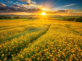 Obraz premium Drone View Golden Buttercups Meadow, Aerial Photography, Spring Flowers, Wildflowers, Blooming Buttercups, Nature Photography, High Angle Shot, Lush Meadow, Sunny Day, Aerial Landscape