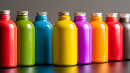 Vibrant bottles of paint in various colors arranged in a neat row on a table.