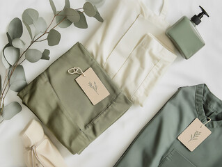 Flat lay of folded sustainable medical uniforms with natural labels, eucalyptus branches, and eco laundry detergent. Clean, product-focused style with soft overhead lighting, fresh and eco-conscious 