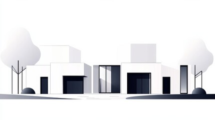 Obraz premium Minimalist White House Illustration with Trees, Architecture , Modern