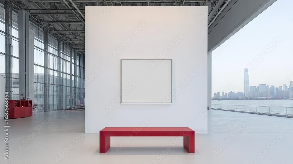 Poster empty gallery space with a red bench and city view.