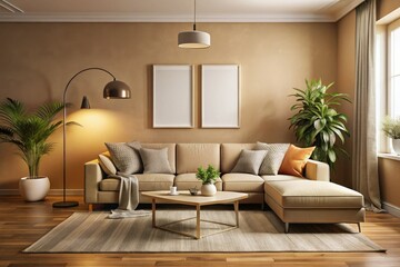 Drone View: Modern Beige Lounge, Blank Poster, Sectional Sofa - Interior Design Inspiration