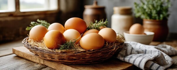 Farm fresh eggs in minimal style with rustic kitchen concept. A rustic basket filled with fresh brown eggs on a wooden table.