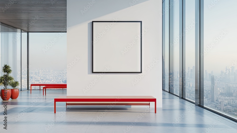 Poster modern interior design with empty frame and red benches.