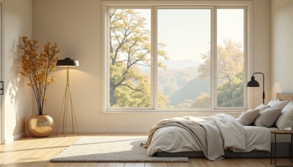 Bright Bedroom with Large Window and Scenic View