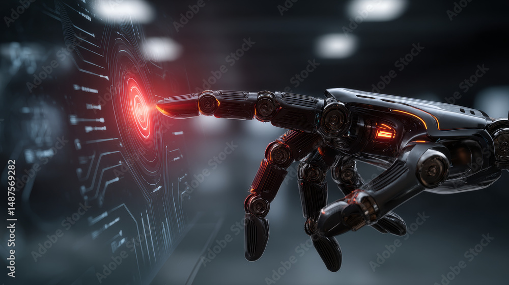 Poster the robot hand or arm presses the button on the touchscreen. protection from bots. illustration. spa