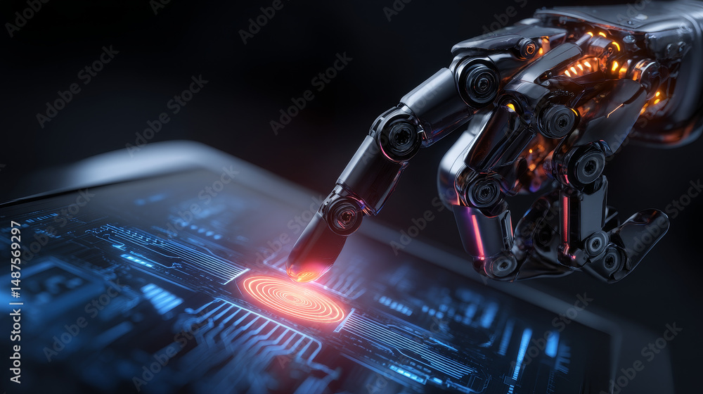 Poster the robot hand or arm presses the button on the touchscreen. protection from bots. illustration. spa
