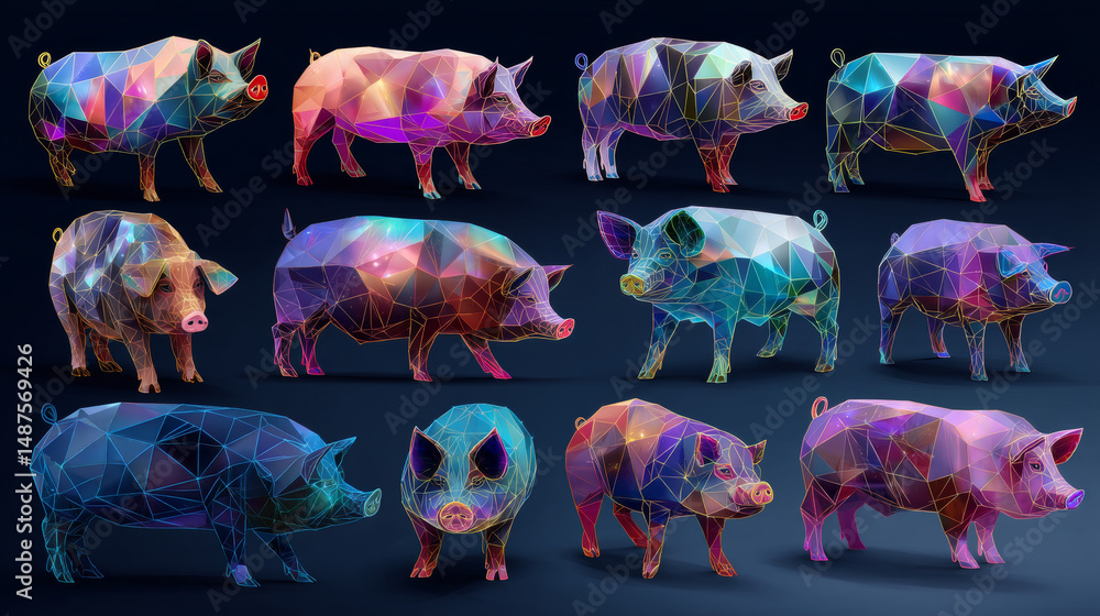 Poster pig animal set in colorful polygonal low poly. pig icon in colorful abstract. vector of pig collecti