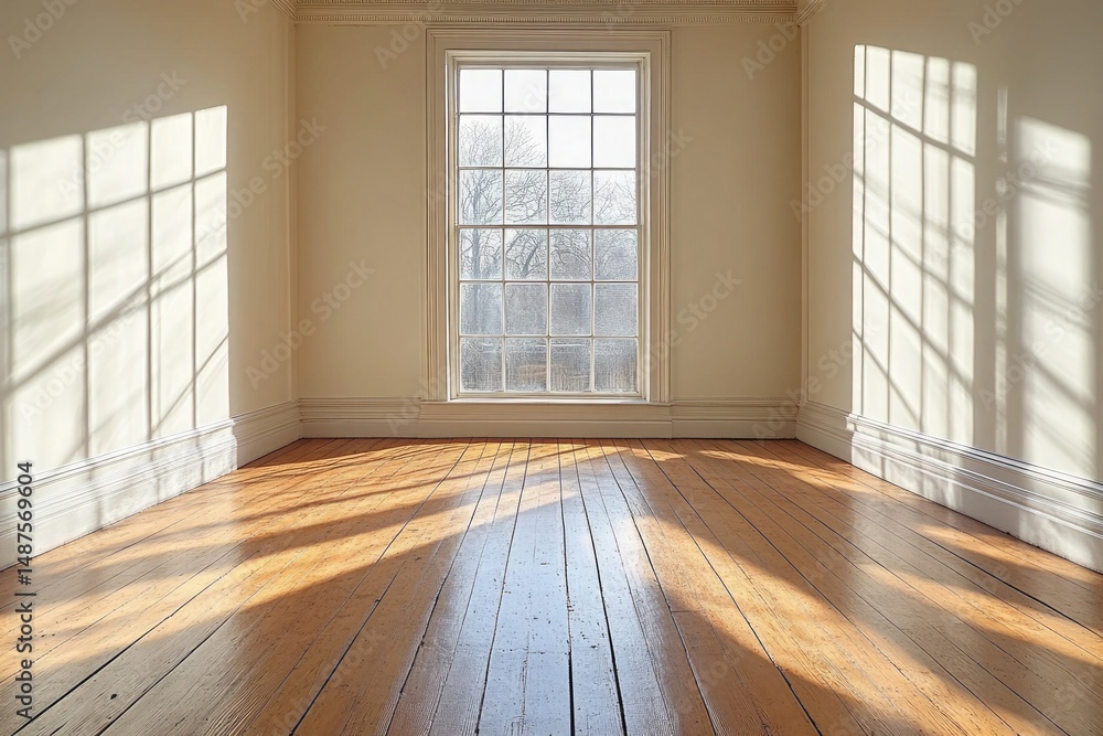 Poster sunlight streams through a window into an empty room, casting shadows. use this for real estate, int