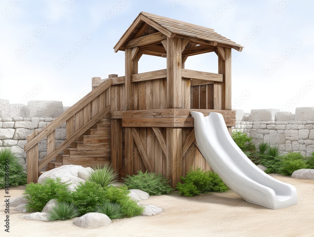 Aufkleber wooden play structure featuring a slide surrounded by lush greenery and rocks creating a playful out