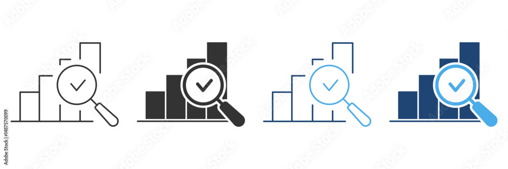 Poster bar chart with magnifying glass and checkmark line and solid icon set. data analysis, performance ev