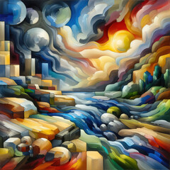 Obraz premium Abstract expressionist painting depicts the interaction of various natural elements, light, water, tree, sky and moon.
