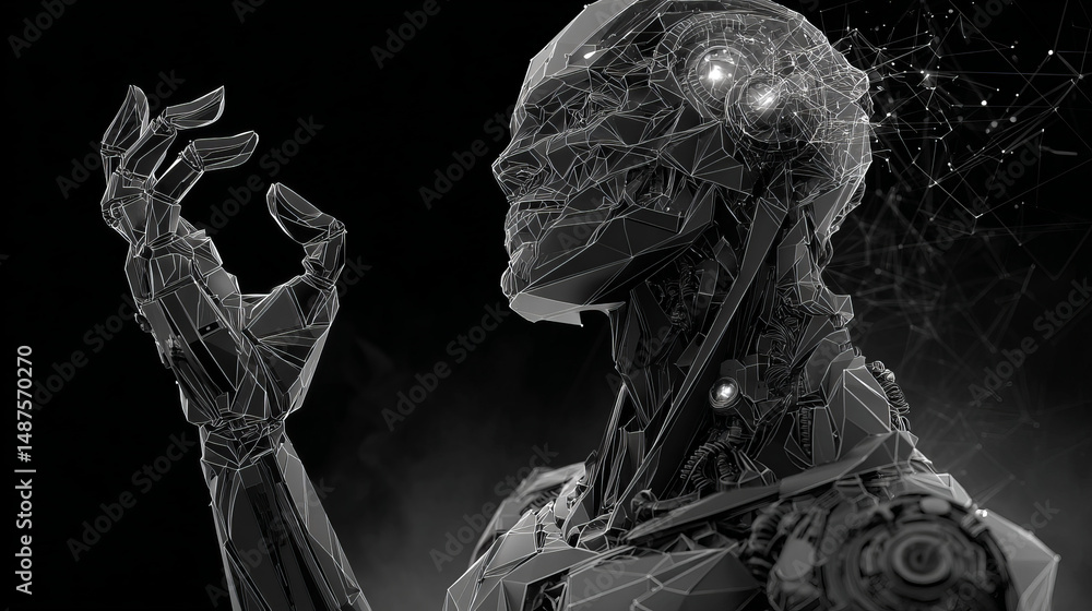 Poster vitruvian man with a cyborg from lines, triangles, and particle style design. illustration vector