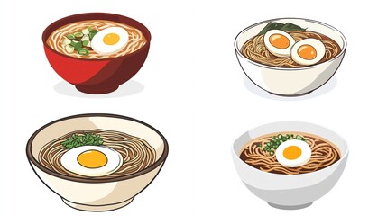 Bowls of ramen with eggs, seaweed, and scallions, each in a different color bowl