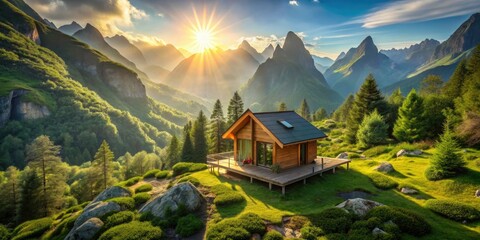 Fototapeta premium Drone View Tiny House Mountain Landscape Sustainable Living Eco Cabin Off Grid Home Nature Retreat