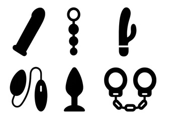 Minimalist black silhouette icons of adult toys in various shapes, isolated on transparent background. Ideal for 18 + websites, icons, banners, and product categorization