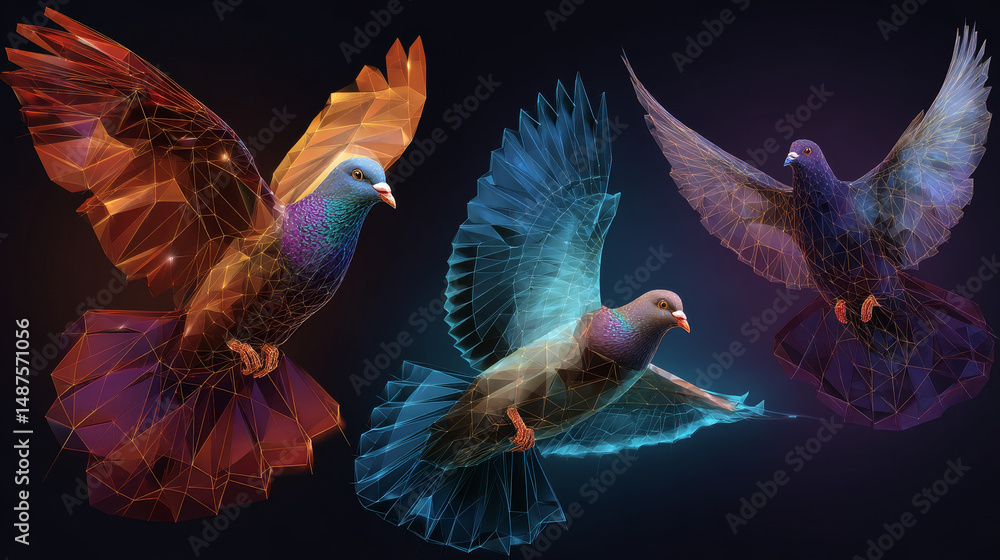 Poster set of dove colorful polygonal low poly vector. colorful abstract vector of dove collection. flying 