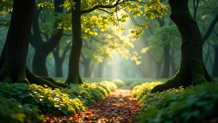 Beautiful sunlit path through lush green forest