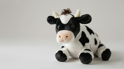 Cute black and white plush cow toy. Soft, cuddly farm animal for kids.