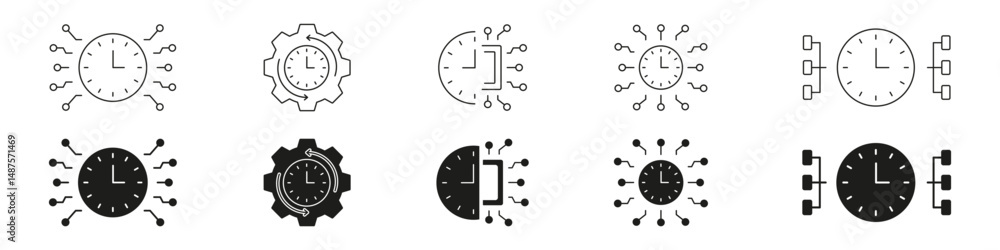 Poster clock with circuitry line and solid icon set. time management, digital connectivity, and technology 