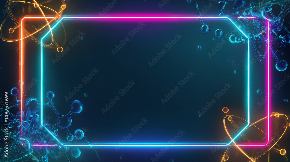 Poster double neon vertical frames or borders mock up on blue background in digital computer technology sty