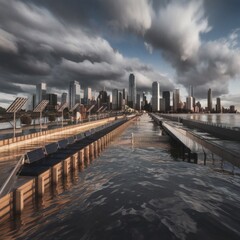Obraz premium Extreme Weather Adaptation: “A coastal city skyline half-submerged under storm surge defenses—elevated walkways, seawalls—while monolithic clouds swirl overhead. Flood-resistant solar panels line rais