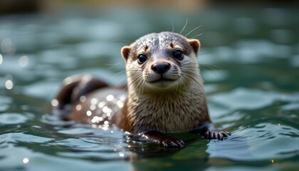 Obraz premium A buoyant otter, submerged in clear water, face up, paws gently paddling, dark eyes wide and appearing to smile, whiskers splayed outwards, fur glistening with tiny air bubbles