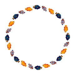 Round decorative frame with bright tropical fish. For summer, vacation, tropical, children’s themes. For bath and pool supplies, textile prints, greeting cards, invitations, baby room decoration

