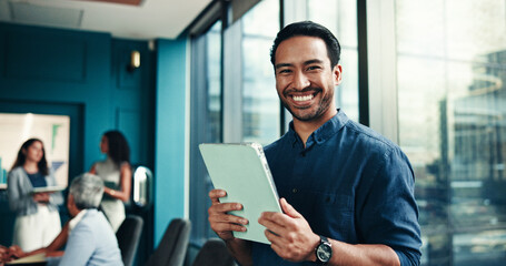 Tablet, portrait and happy businessman in office for financial research, investment consultant and...