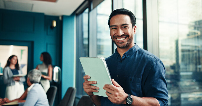Tablet, portrait and happy businessman in office for financial research, investment consultant and email for analysis. Digital technology, smile and professional employee in workplace for coworking