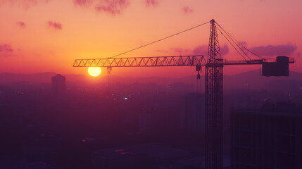 Urban city skyline at sunset with crane construction foreground scene high resolution picture
