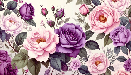 Fototapeta premium A floral pattern featuring various roses in soft colors on a light background.