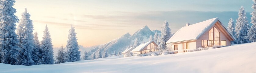Snowy Mountain Chalets Winter Retreat with Pine Trees, snowy ,cabins