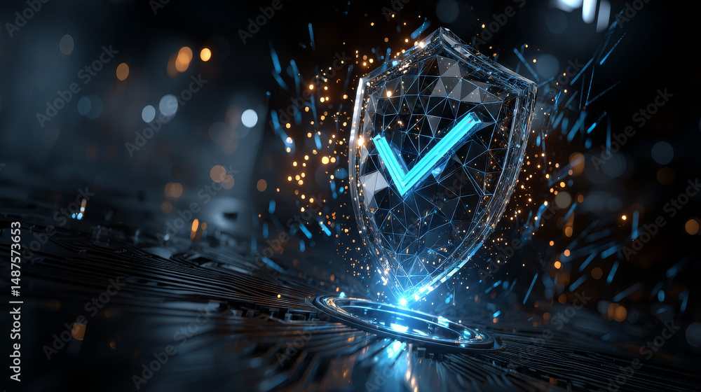 Poster futuristic cybersecurity concept featuring a glowing shield with a checkmark, connected to digital s