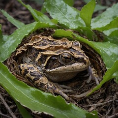 A horned frog in leaf nest, hibernating with clarity