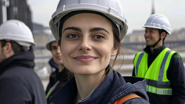 Smiling Engineer: A determined female engineer confidently surveys her construction site, surrounded by her supportive team, exuding competence and embodying the essence of architectural precision.