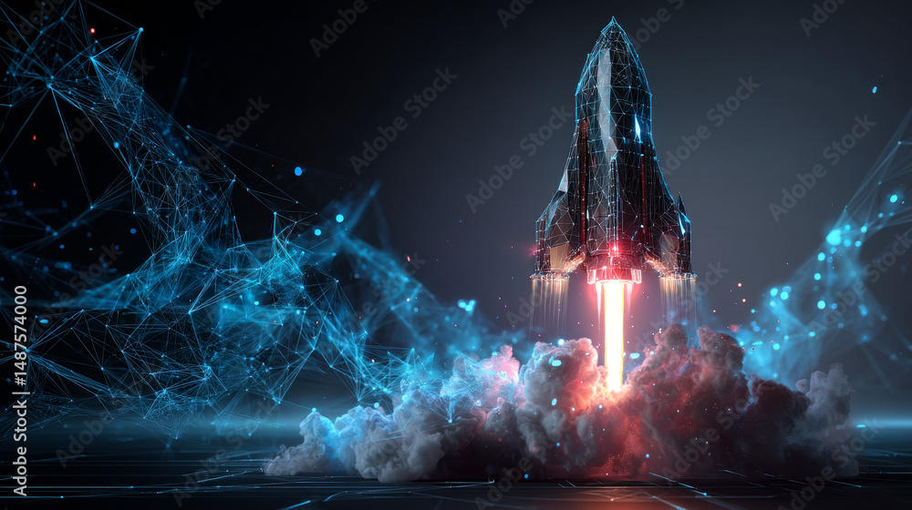 Poster rocket launch. business startup concepts form lines, triangles, and particle-style designs. illustra