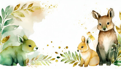 Obraz premium A watercolor illustration featuring three cute animals amidst soft foliage.