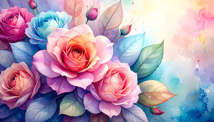 A vibrant illustration of roses with colorful leaves against a soft, abstract background.
