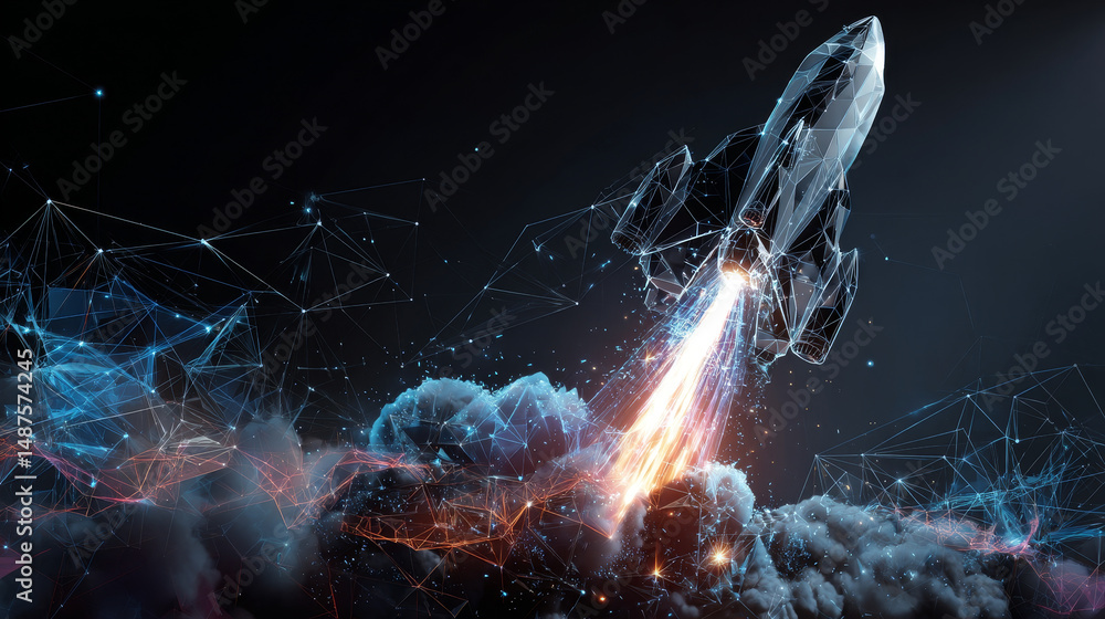 Aufkleber rocket launch form lines, triangles, and particle style design. startup business concept. vector ill