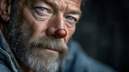 Obraz premium Red Nose Day, Middle-aged man with rugged features, intense gaze, wearing casual attire, reflecting deep thought in a moody environment.