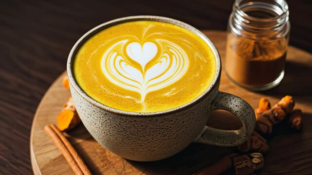 Smooth transition of steaming turmeric latte with heartshaped art and cinnamon garnish