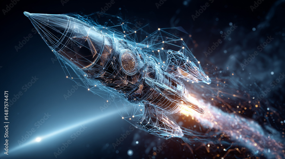 Aufkleber rocket launch form lines, triangles, and particle style design. startup business concept. vector ill