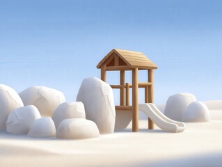 A minimalist playground structure made of wood and fitted with a slide surrounded by soft, rounded rocks under a clear blue sky capturing the essence of childhood freedom