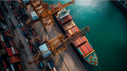Aerial view of a cargo ship being loaded at a shipping terminal with containers.