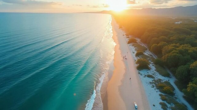 Drone view of a beautiful sandy beach with clear water at dawn. Seascape