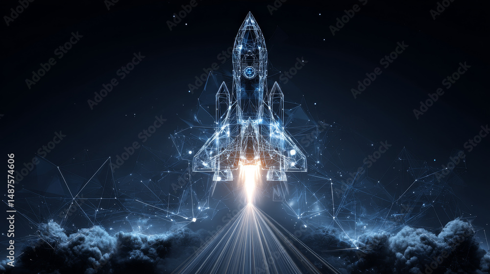 Poster rocket launch. business startup concept form lines, triangles and particle style design. illustratio